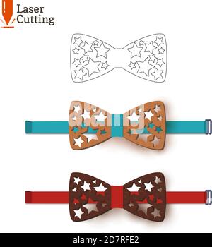 Laser cut bow-tie template. Vector silhouette for cutting a bow tie with stars on a lathe made of wood, metal, plastic. The idea of design of a Stock Vector