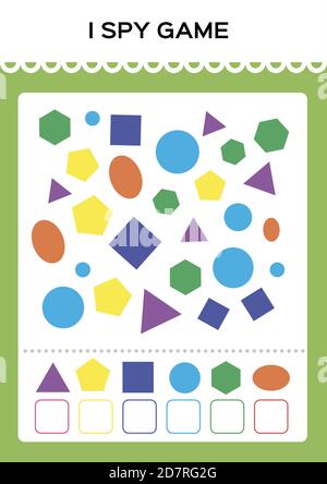 I spy game. Find and Count shapes for toddlers. Counting activity for kids. Educational for kids. Basic Geometrical shapes. Elementary math worksheet. Stock Vector