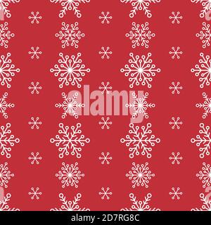 Winter seamless pattern with lines of white snowflakes on red background. New Year backdrop. Vector flat symmetric Christmas ornament for fabric, text Stock Vector
