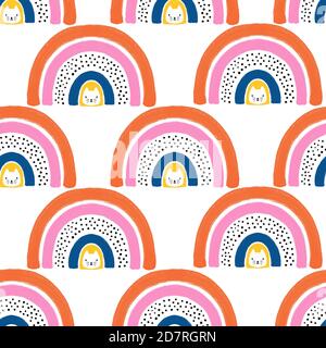 Rainbow cats seamless kids pattern. Cute hand drawn Scandinavian style children illustration. Kitty and abstract rainbow repeating background for Stock Photo