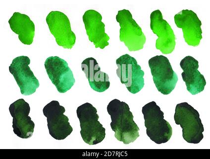 Set of green spots painted with watercolor Stock Photo