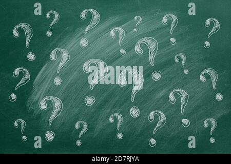 Question marks on blackboard Ask for help. FAQ concept.  Asking questions. Stock Photo