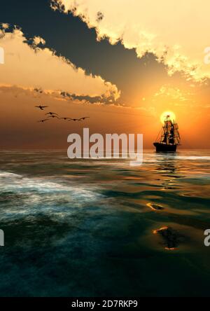 Spanish Brig Out At Sea Stock Photo