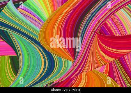 Illustration of multicolored overlapping twists and swirls. Abstract pattern.  Bright dynamic background with colorful wavy lines. Stock Photo