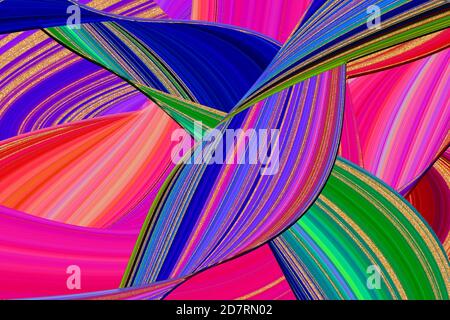 Illustration of multicolored overlapping twists and swirls. Abstract pattern.  Bright dynamic background with colorful wavy lines. Stock Photo