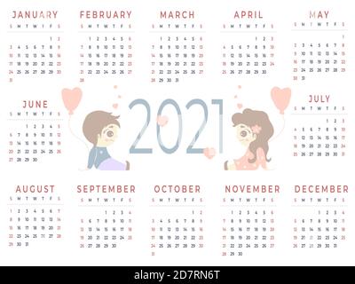 Calendar 2021. Horizontal Template for year - 12 months. Lovers. Cute beautiful girl and boy with balloons in their hands and hearts above their heads Stock Vector