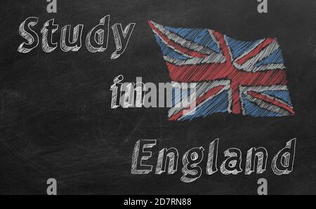 Hand drawing british flag with text 'Study in England' on blackboard. Stock Photo