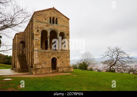 Exterior of the Pre-Romanesque IX century church of St Mary at Mount Naranco in a rainy cloudy day (Santa María del Naranco, Oviedo, Asturias, Spain) Stock Photo