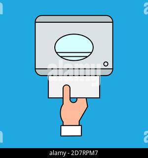 Automatic touchless towel dispenser with sensor on the wall. Drying hands safely. Paper dispenser icon. Hand pulling paper towel in the bathroom. Stock Vector