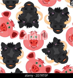 Mugs of the wild boar and pigs decorative pattern Stock Vector