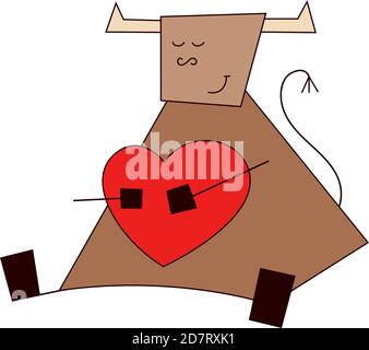Happy new year 2021. The Year of the Ox. Funny cute kawaii bull, cow with red heart. Love and care. Romantic vector illustration in cartoon style Stock Vector