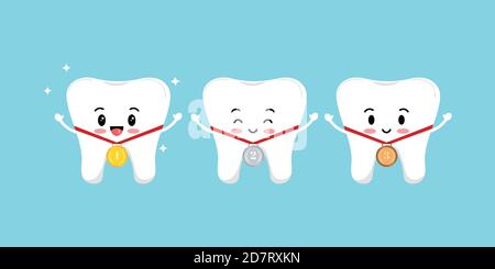 Teeth and medal golden, silver, bronze with laurel branches and red ribbon isolated on background. Stock Vector