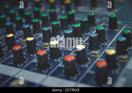 Audio mixer console and professional sound mixing. Audio mixer control panel with buttons and sliders. Mixer console for musician DJ. Stock Photo