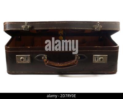 Open old vintage Suitcase isolated on white Background Stock Photo