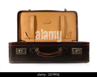 Open old vintage Suitcase isolated on white Background Stock Photo