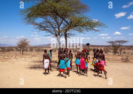 Members of the Samburu tribe in a traditional dance, Kenya. The Samburu are a Nilotic people of north-central Kenya. Samburu are semi-nomadic pastoral Stock Photo