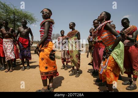 Members of the Samburu tribe in a traditional dance, Kenya. The Samburu are a Nilotic people of north-central Kenya. Samburu are semi-nomadic pastoral Stock Photo