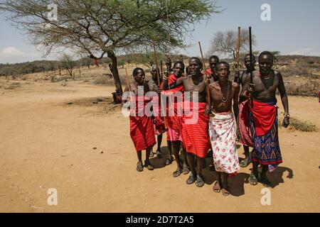 Members of the Samburu tribe in a traditional dance, Kenya. The Samburu are a Nilotic people of north-central Kenya. Samburu are semi-nomadic pastoral Stock Photo