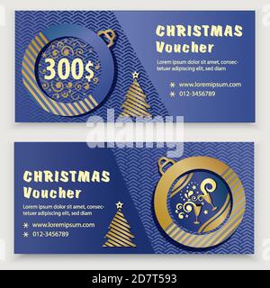 Christmas blue gold voucher template with bottle shampagne, snowflakes and christmas trees. Gift coupon Stock Vector