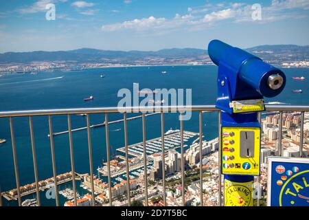 Gibraltar, United Kingdom, 1st October 2018:- View of Gibraltar from the top of the the Rock with a telescope. Gibraltar is a British Overseas Territo Stock Photo