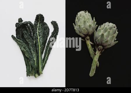 fresh artichoke and kale vegetable on black and white background Stock Photo
