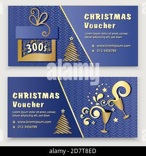 Christmas blue gold voucher template with bottle shampagne, gift, snowflakes and christmas trees. Gift coupon Stock Vector