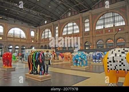 The «Elephant Parade Swiss Tour 2020» has been initiated by Claudia & Franco Knie from the Swiss National Circus and shown in London, Amsterdam, Calai Stock Photo