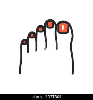 Woman foot with pedicure color line icon. Isolated vector element. Stock Vector