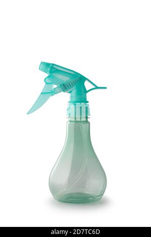 Transparent plastic spray bottle isolated on white background. The container is turquoise. Stock Photo