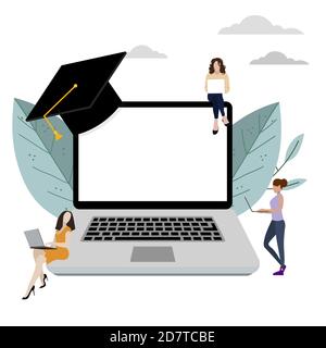 Remote study, online learning on laptop concept. Vector distance learning, students education in university online, remote e-learning and graduation i Stock Vector