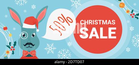 Christmas sale vector illustration. Cartoon bunny rabbit wearing red Santa hat, celebrating Christmas, winter holidays season with discount offer in shop, coupon promotion template seasonal background Stock Vector