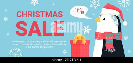 Christmas sale special offer promo vector illustration. Cartoon penguin in Xmas red hat promotes big discount in retail store for buying gifts for Merry Christmas and winter holiday season background Stock Vector