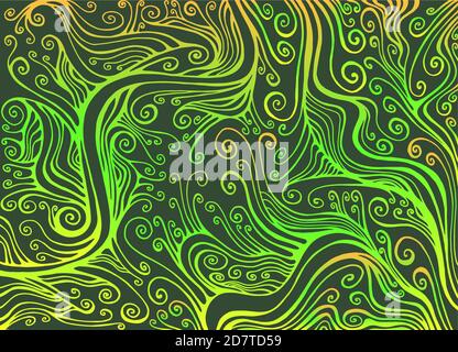 Colorful stylized decorative background with curls and patterned waves, juicy bright yellow lemon light green gradient color lines, isolated on dark Stock Vector