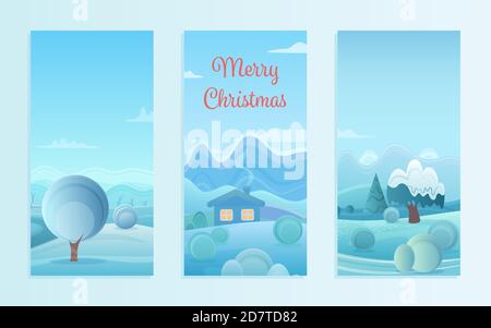 Christmas nature landscape vector illustration set. Cartoon flat frost scenery for winter season, Christmas and new year holidays with village houses under snow on snowy hills, snowballs background Stock Vector