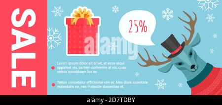 Christmas sale offers promotion vector illustration. Cartoon cute smiling deer in top hat among Xmas decoration snowflakes offering big Christmas sale, discount price in store promo banner background Stock Vector