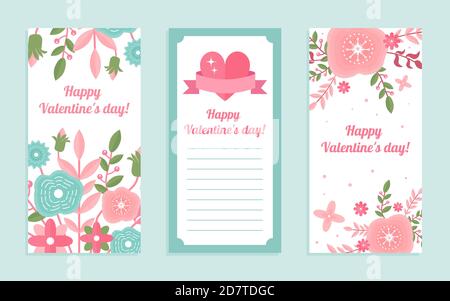 Happy Valentine day vector illustration set. Cartoon cute creative love and romance greeting card collection with loving hearts, floral ornament of pink and blue romantic flowers background collection Stock Vector