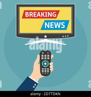 Breaking news flat design concept. Human holding remote control and watch smart tv with breaking news. Stock Vector