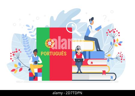 People learning Portuguese language vector illustration. Portugal Distance education, online learning courses concept. Students reading books cartoon characters. Teaching foreign languages Stock Vector
