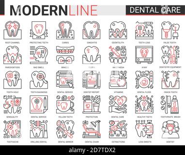 Dental care medicine complex thin red black line concept icons vector set, outline dentistry healthcare website symbols collection with medical tooth implant pictogram, dentist equipment, toothpaste Stock Vector