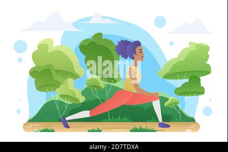 Yoga meditation in nature vector illustration. Cartoon active yogist woman character doing sport exercises, meditating in yoga asana, healthy activity in natural landscape isolated on white Stock Vector