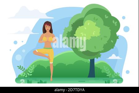Yoga meditation in nature vector illustration. Cartoon active yogist woman character doing vrikshasana tree position, meditating in yoga asana, healthy activity in natural landscape isolated on white Stock Vector