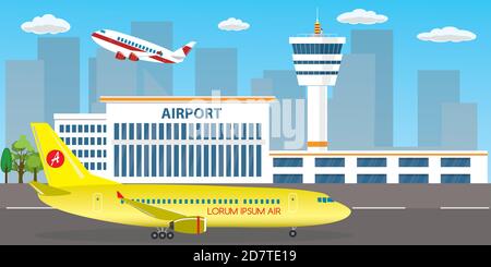 Airport buildings, control tower, runway and take-off modern air Stock Vector