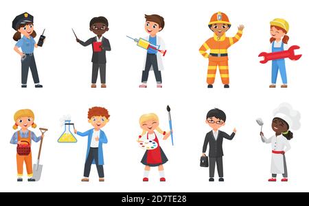 Kids in different professions and poses vector illustration set. Cartoon flat happy child character collection of children wearing professional worker uniform, holding tools for work isolated on white Stock Vector
