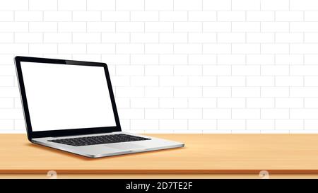 Laptop on table against white wall Stock Vector