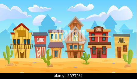 Wild west city vector illustration. Cartoon western cityscape with old wooden house buildings for cowboys, sheriff office, hotel and bank on street, empty wild western desert landscape background Stock Vector