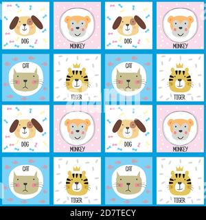 Seamless pattern with cute doodle style animals, Stock Vector