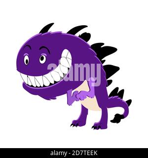 Purple cute monster smiling isolated on white background. Vector character scary alien, cartoon halloween goblin illustration Stock Vector