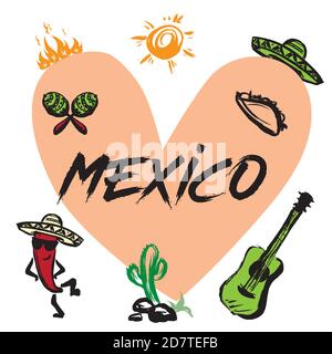 Funny mexico card with traditional symbols,heart- love mexico Stock Vector