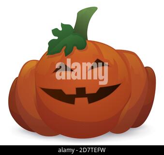 Grinning pumpkin with stem and leaf celebrating a happy Halloween, isolated over white background. Stock Vector