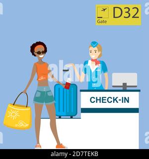 People in airport at registration desk. Vacation and travel conc Stock Vector